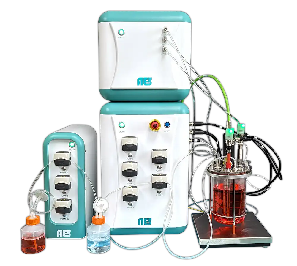 The AES Deluxe Benchtop BPC featuring the AES Tubing Set is compatiable with a variety of multi- or single-use vessels.