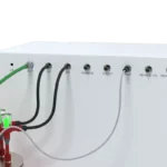 Close-up of the AES Basic Fermentation Benchtop Bioprocess Controller (BPC) side panel showing connections for agitation, pH, DO, biomass, CO2/O2, temperature, and remote I/Os