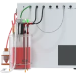 Side panel view of the AES Basic Fermentation Benchtop Bioprocess Controller (BPC) showing tubing and sensor connections for pH, DO, CO2/O2, biomass, temperature, and remote I/Os