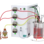 3/4 view of the AES Basic Fermentation Benchtop Bioprocess Controller (BPC) showing integrated pumps, tubing set, sensor connections for pH, DO, biomass, CO2/O2, temperature, overlay, and sparge connections