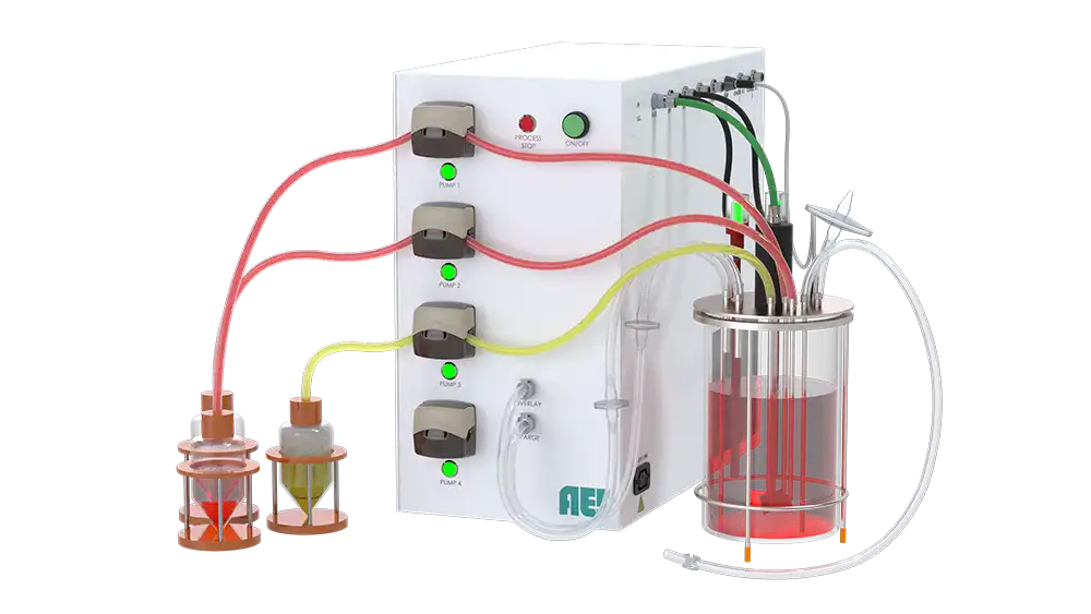 3/4 view of the AES Basic Fermentation Benchtop Bioprocess Controller (BPC) showing integrated pumps, tubing set, sensor connections for pH, DO, biomass, CO2/O2, temperature, overlay, and sparge connections