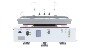 Back view of the Basic BioRocker rocking bioreactor system showing control panel with tray heater, power entry, Ethernet, filter heater, temperature, and load cell connections.