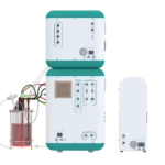 Backside view of Deluxe Benchtop Bioprocess Controller showing Ethernet ports, gas input connections, and scale connections.