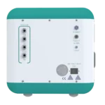 Back view of the Deluxe Benchtop Bioprocess Controller gas module showing Mass Flow Controllers (MFCs) for Air, O2, CO2, and N2, along with Ethernet and facility alarm connections.