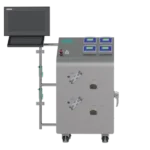 Front view of the Adaptive SUB Control Panel displaying HMI screen, pH & DO transmitters, dual flow sensors, dual pumps, emergency stop, and on/off switch for bioprocess control.