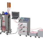 3/4 view of Adaptive SUB Control System with a Thermo Fisher HyPerforma SUB and AES control panel featuring pH & DO transmitters, dual flow sensors, dual pumps, emergency stop, and HMI screen.