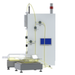 Side view of AES Precision Chromatography Unit featuring bypass valve, waste valve, eluate valve, conductivity and temperature indicator, alarm light tower, waste bag scale, and eluate scale.