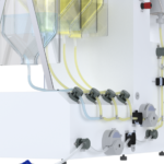 Close-up of bubble detectors, flow sensors, and flowpath assembly on AES Precision Chromatography Unit for real-time monitoring and fluid control.