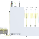 Back view of AES Precision Chromatography Unit showing power connection, power supply switch, air supply connection, scales connections, Ethernet connection, WFI and buffer bags, and eluate and waste bag scales.