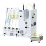 3/4 view of AES Precision Chromatography Unit showing sample pinch valve, column inlet valve, column bypass valve, waste valve, eluate valve, master ON/OFF switch, emergency stop button, buffer and sample pumps, pressure sensor connection, conductivity and temperature sensor connection, bubble detector connections, alarm light tower, waste and eluate scales, WFI and buffer bags.