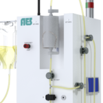 Close-up of AES Precision Chromatography Unit showing flowpath assembly, customizable chromatography column, bubble detectors, emergency stop button, bypass, waste and eluate valves, conductivity and temperature sensor connection, WFI and buffer bags, and alarm light tower.