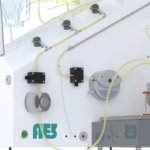 Close-up of Precision Tangential Flow Filtration (TFF) Unit featuring Sample Valve, Buffer Valve, WFI Valve, Feed Pump, Recirculation Pump, and bubble detectors.