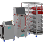 AES OptiFill System showcasing an aseptic filling system with a Single-Use Mixer (SUM), OptiFill tubing set, OptiFill bags, a liquid handling unit with an HMI touchscreen, and a filling rack, all on casters for mobility. Ideal for bioprocess and biopharmaceutical applications.