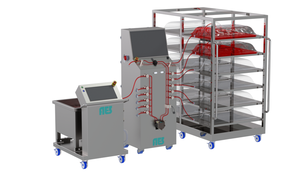 AES OptiFill System showcasing an aseptic filling system with a Single-Use Mixer (SUM), OptiFill tubing set, OptiFill bags, a liquid handling unit with an HMI touchscreen, and a filling rack, all on casters for mobility. Ideal for bioprocess and biopharmaceutical applications.