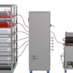 Back view of the AES OptiFill System, displaying the filling rack with OptiFill bags, connected tubing set, liquid handling unit, and Single-Use Mixer (SUM), showcasing its aseptic design ideal for bioprocess and biopharmaceutical use.