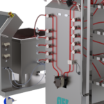 Detailed view of the front panel of the Liquid Handling Unit (LHU) in the AES OptiFill System, showcasing pinch valves, pump, pressure sensors, and flow meter, alongside the side of the SUM with two integrated pumps, e-stop button, and touchscreen HMI for bioprocess and biopharmaceutical applications.