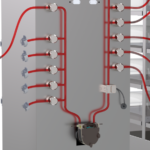 Close-up of the front panel of the Liquid Handling Unit (LHU) in the AES OptiFill System, featuring pinch valves, pressure sensors, OptiFill tubing set, flow meter, and pump for aseptic filling in bioprocess and biopharmaceutical applications.