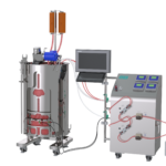 AES Adaptive Perfusion SUB Control System with single-use bioreactor, flow sensors, pumps, HMI, and tubing connections