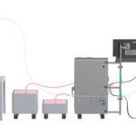 Back view of AES Adaptive Perfusion SUB Control System with single-use bioreactor, control panel, ATF unit and ATF control module, and tubing connections