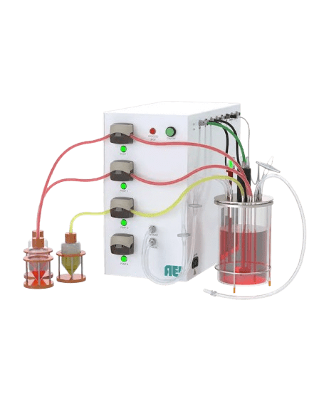 3/4 view of the AES Basic Mammalian Benchtop Bioprocess Controller (BPC) showing integrated pumps, tubing set, sensor connections for pH, DO, biomass, CO2/O2, temperature, overlay, and sparge connections