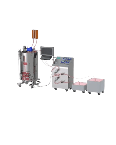 3/4 view of Adaptive SUB Control System with a Thermo Fisher HyPerforma SUB and AES control panel featuring pH & DO transmitters, dual flow sensors, dual pumps, emergency stop, and HMI screen.