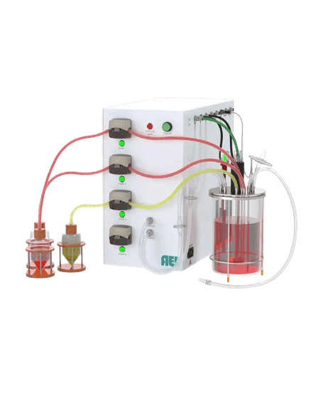 3/4 view of the AES Basic Mammalian Benchtop Bioprocess Controller (BPC) showing integrated pumps, tubing set, sensor connections for pH, DO, biomass, CO2/O2, temperature, overlay, and sparge connections