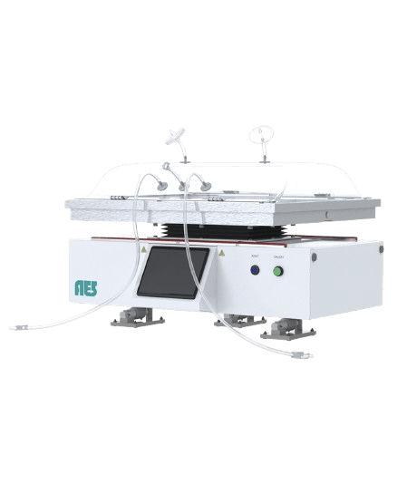 A 3/4 front view of the Basic BioRocker rocking bioreactor system, showcasing the HMI touchscreen, tray, AES BioRocker Bag, and integrated load cells for accurate bioprocess control.