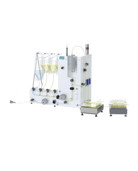 3/4 view of AES Precision Chromatography Unit showing sample pinch valve, column inlet valve, column bypass valve, waste valve, eluate valve, master ON/OFF switch, emergency stop button, buffer and sample pumps, pressure sensor connection, conductivity and temperature sensor connection, bubble detector connections, alarm light tower, waste and eluate scales, WFI and buffer bags.