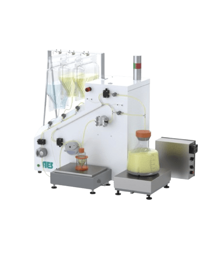 3/4 view of the Precision Tangential Flow Filtration (TFF) Unit featuring valves, pumps, TMP box, and tubing size knob for Transmembrane Pressure control.