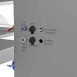 Close-up of the back of the OptiPrep System Liquid Handling Unit showing ports and exhaust outlets.