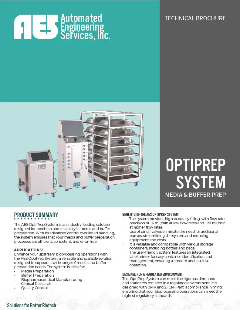 Cover image of the AES OptiPrep System media and buffer preparation technical brochure showcasing the system's liquid handling unit, single-use mixer, and prep rack.