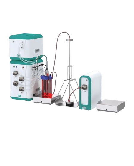 Front view of the Deluxe Perfusion Benchtop BPC system showing the gas and bioreactor modules, bioreactor vessel on an external scale, ATF unit, and tubing connections.