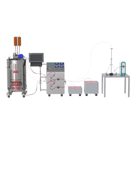 Front view of AES Adaptive Perfusion SUB Control System with bioreactor, control panel featuring pH/DO transmitters, flow sensors, HMI, and pumps, alongside an ATF unit and ATF Control Module.