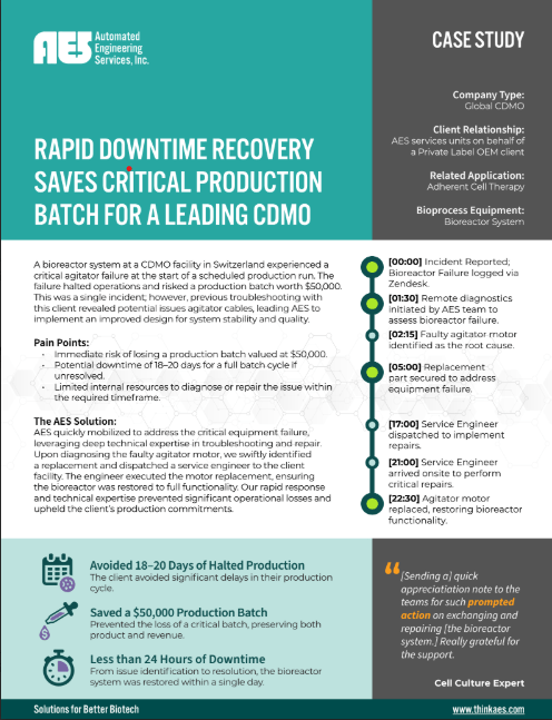 Discover how AES helped a global CDMO recover from downtime in under 24 hours, saving a $50,000 production batch and avoiding 18-20 days of halted production with rapid bioreactor system support