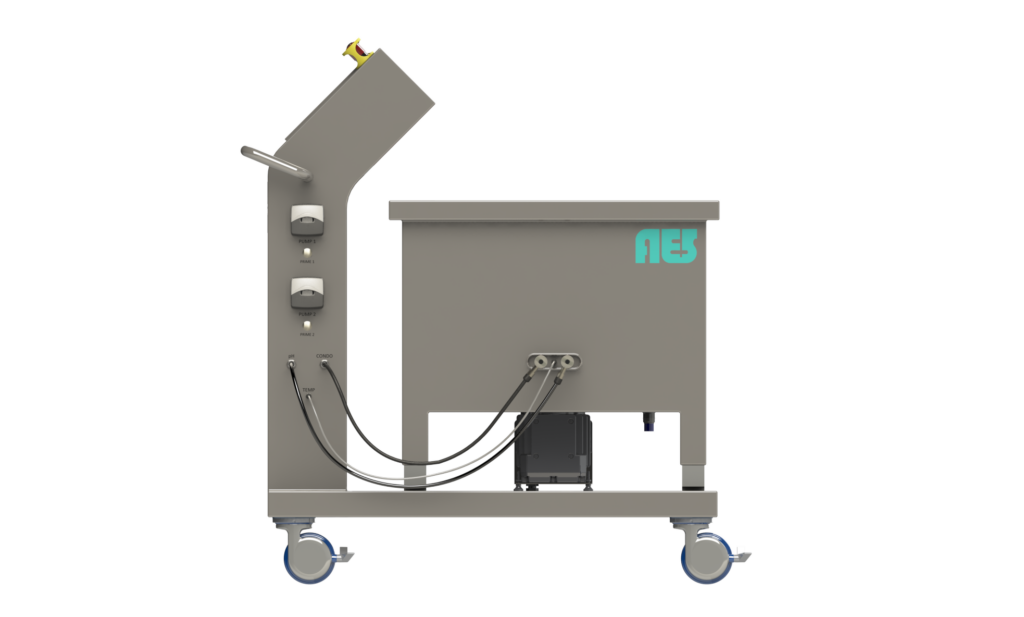 side view AES BioMix Single-Use Mixer – a high-performance, mobile mixing system designed for bioprocessing applications. Featuring integrated pumps, real-time monitoring ports for pH, temperature, and conductivity, and a compact, stainless-steel frame on casters for easy maneuverability. Ideal for sterile, efficient, and scalable mixing in biopharmaceutical manufacturing.