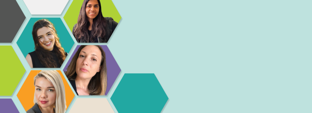 light blue hero image with honeycomb shapes and headshots of women