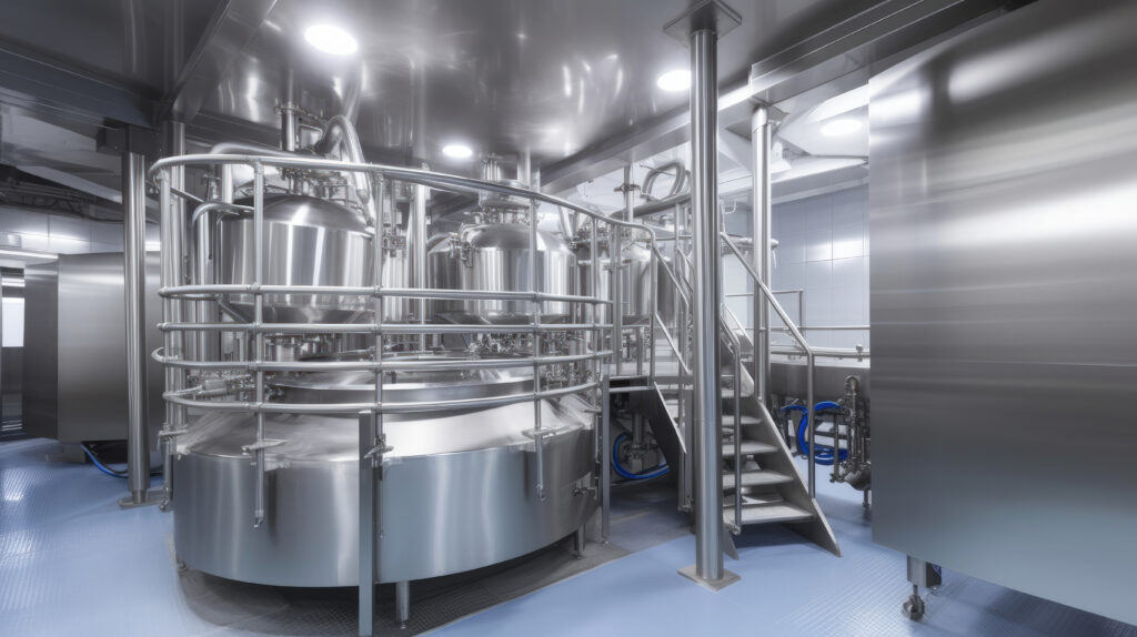 Shiny stainless steel industrial mixing tanks with connected pipes, safety railings, and stairs inside a clean, well-lit production facility.