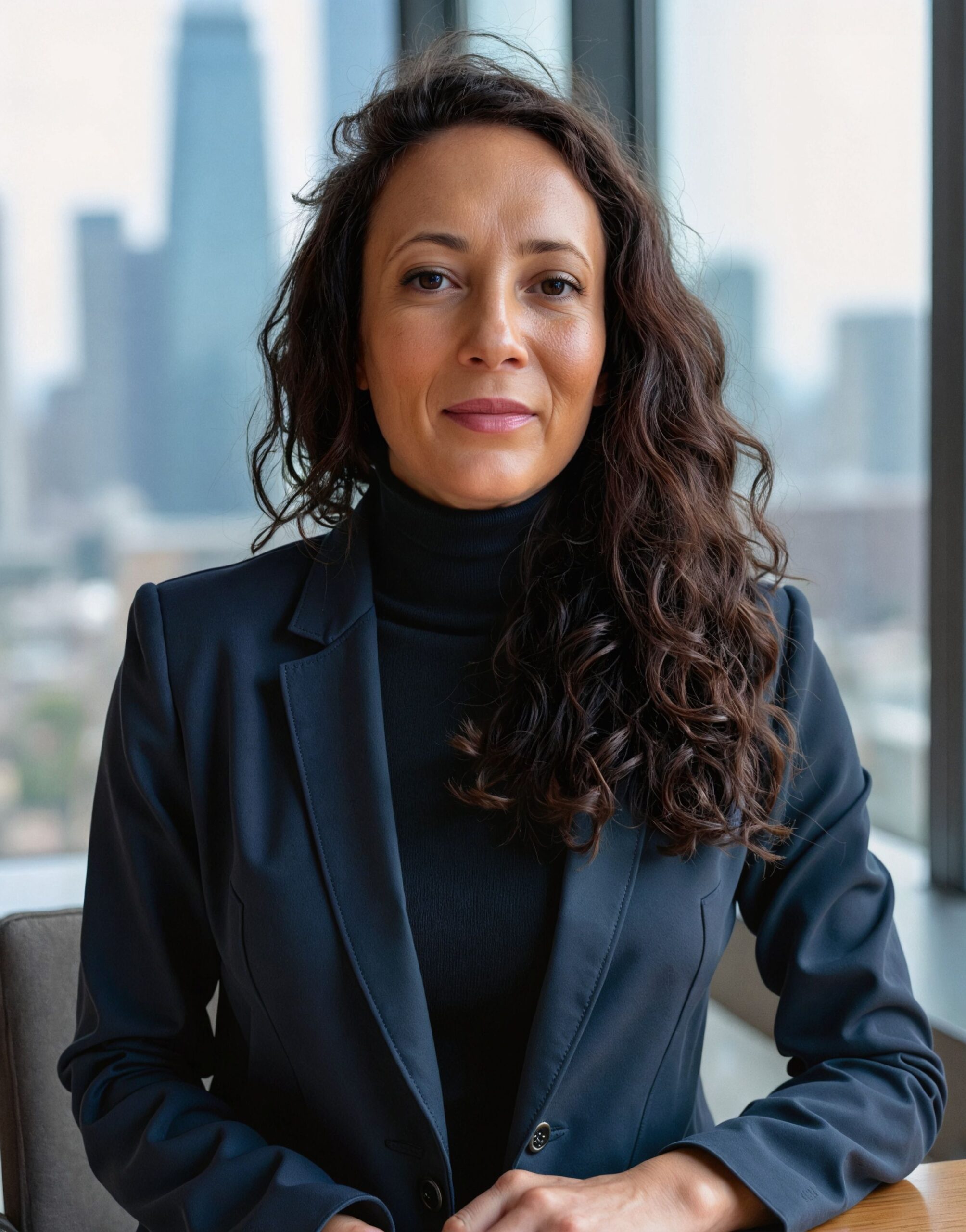 headshot of woman with dark brow wavy hair in blue suit jacket and black polo neck shirt