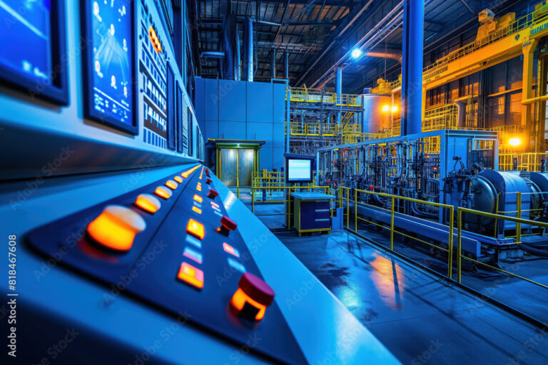 Industrial control panel with illuminated buttons overseeing automated manufacturing equipment in a modern factory