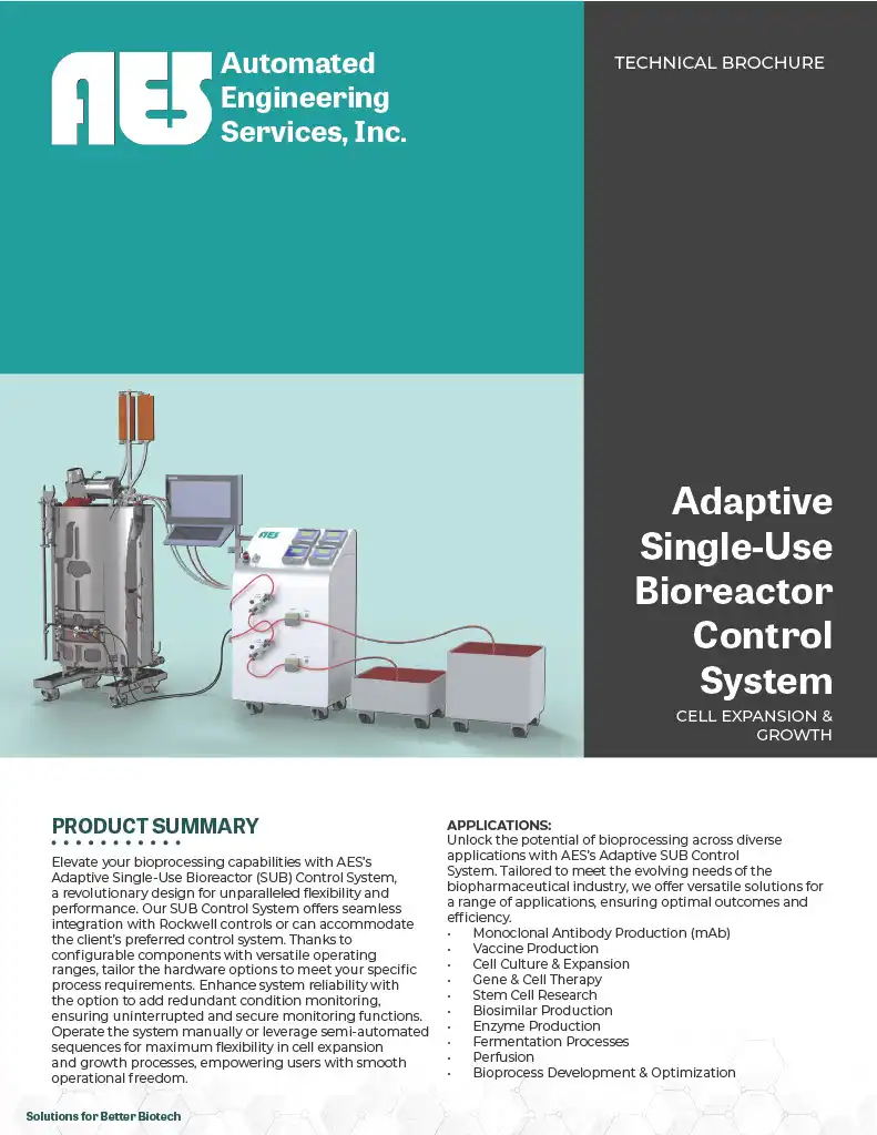 AES Automated Engineering Solutions, Inc. Technical Brochure for the Adaptive Single-Use Bioreactor (SUB) Control System.