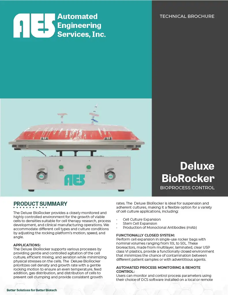 AES, Automated Engineering Services, Inc. Technical Brochure. Deluxe Biorocker - Bioprocess Control